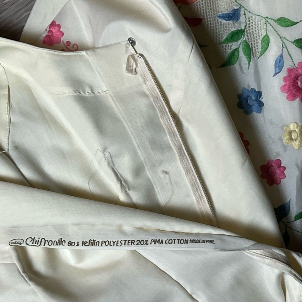 Vintage 60s Maxi Dress Ivory Embroidered floral Sleeveless Prairie Hippie Boho S - Picture 16 of 16